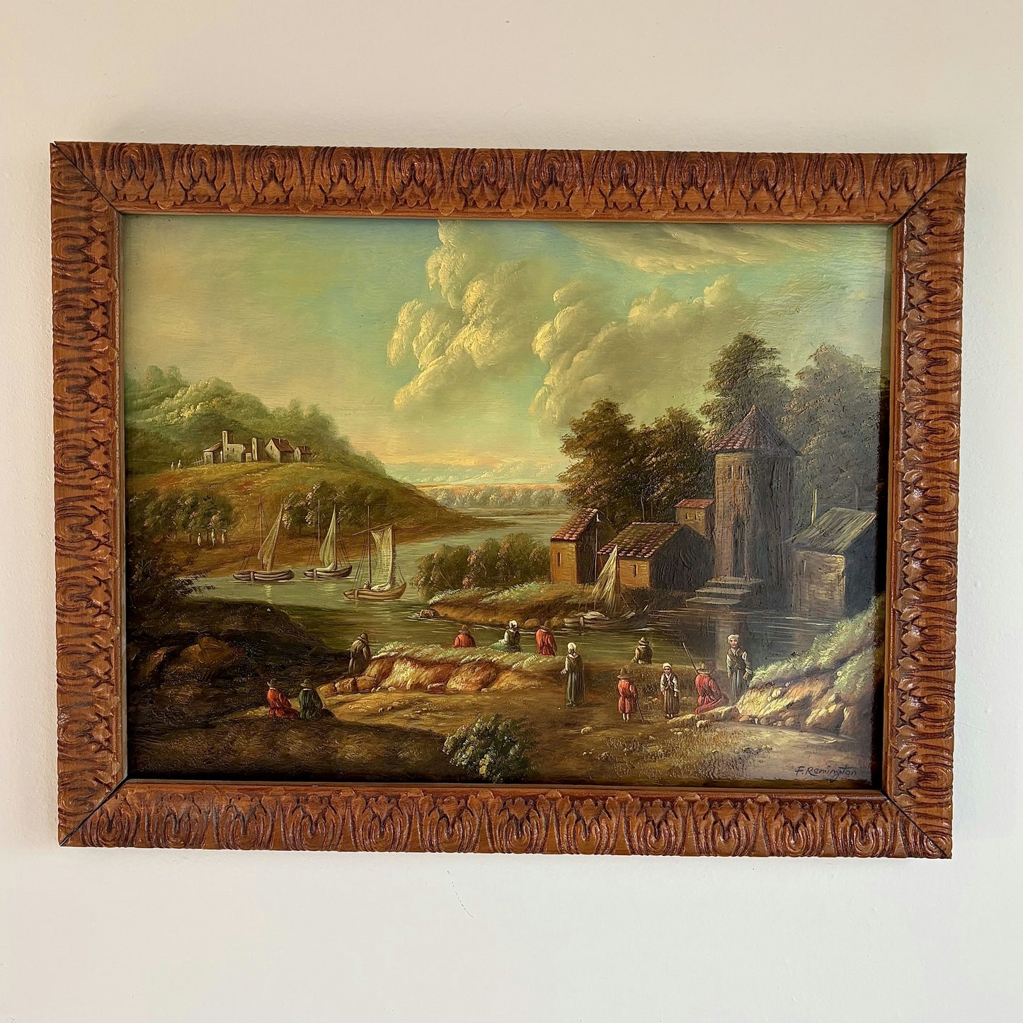 Marvelous Oil Painting Cityscape "Fishing Village" Fine French Art