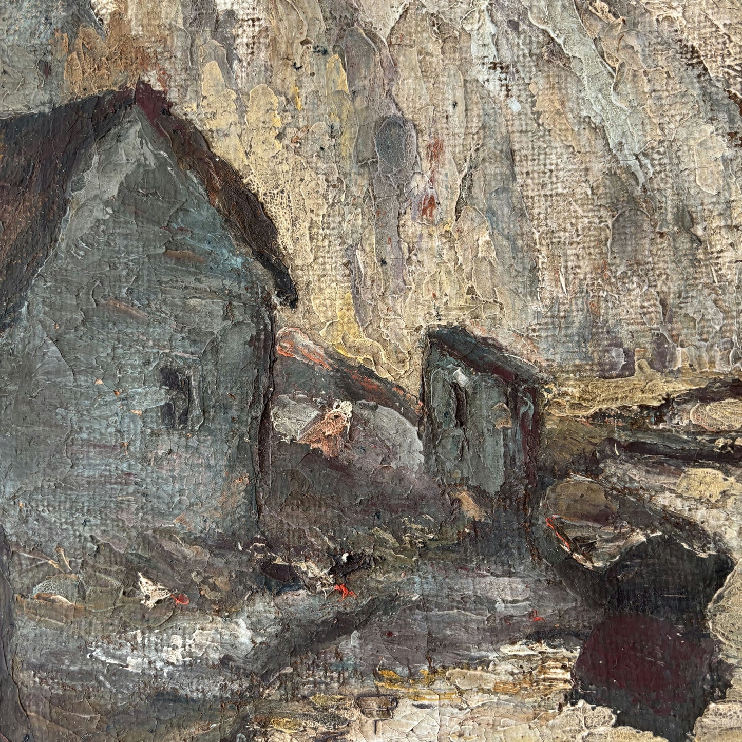 19th Century Landscape Oil Painting "River Cottage" Medium Art