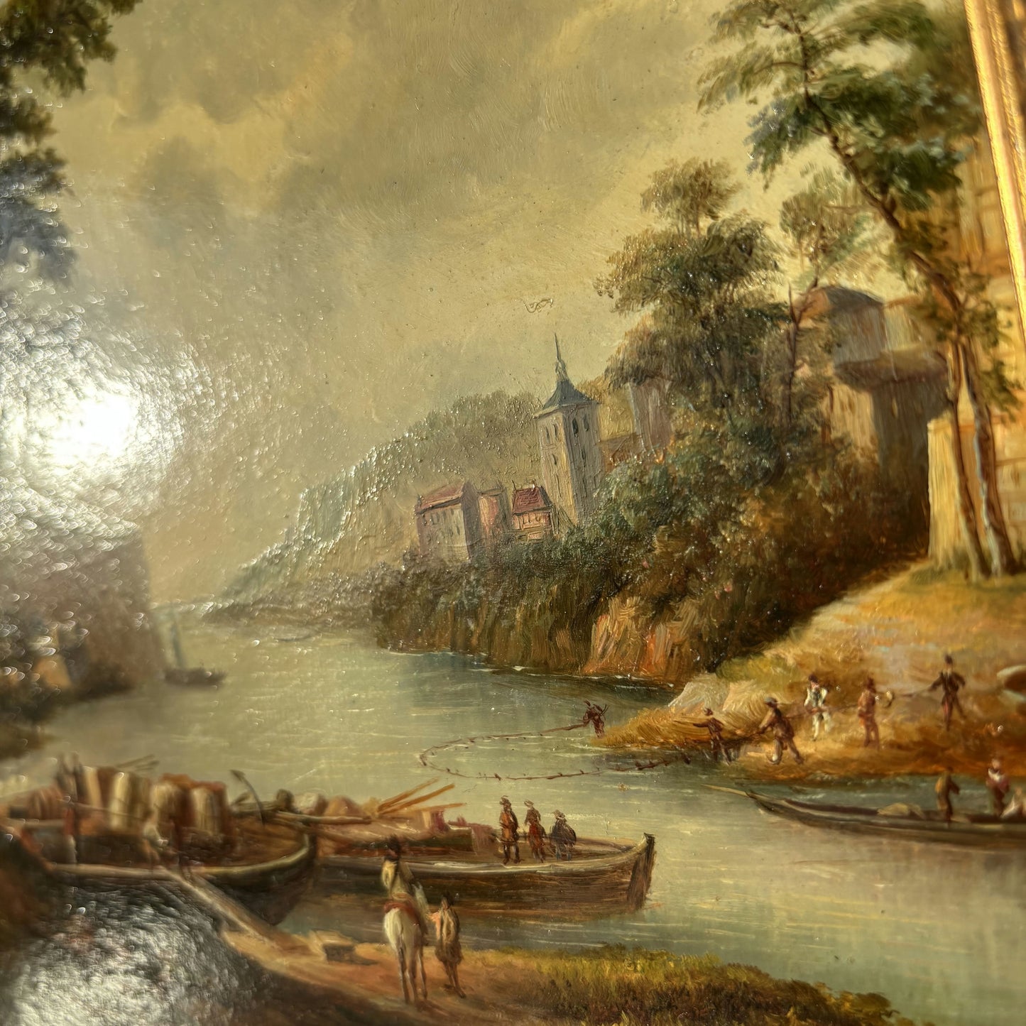 Marvelous Oil Painting Harbor Scene "Riverbank Scene" Expressive French Artwork