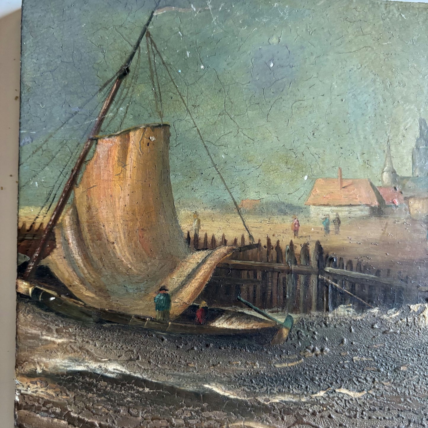19th Century Oil on Tile Tranquil Harbor Boat And Village Antique