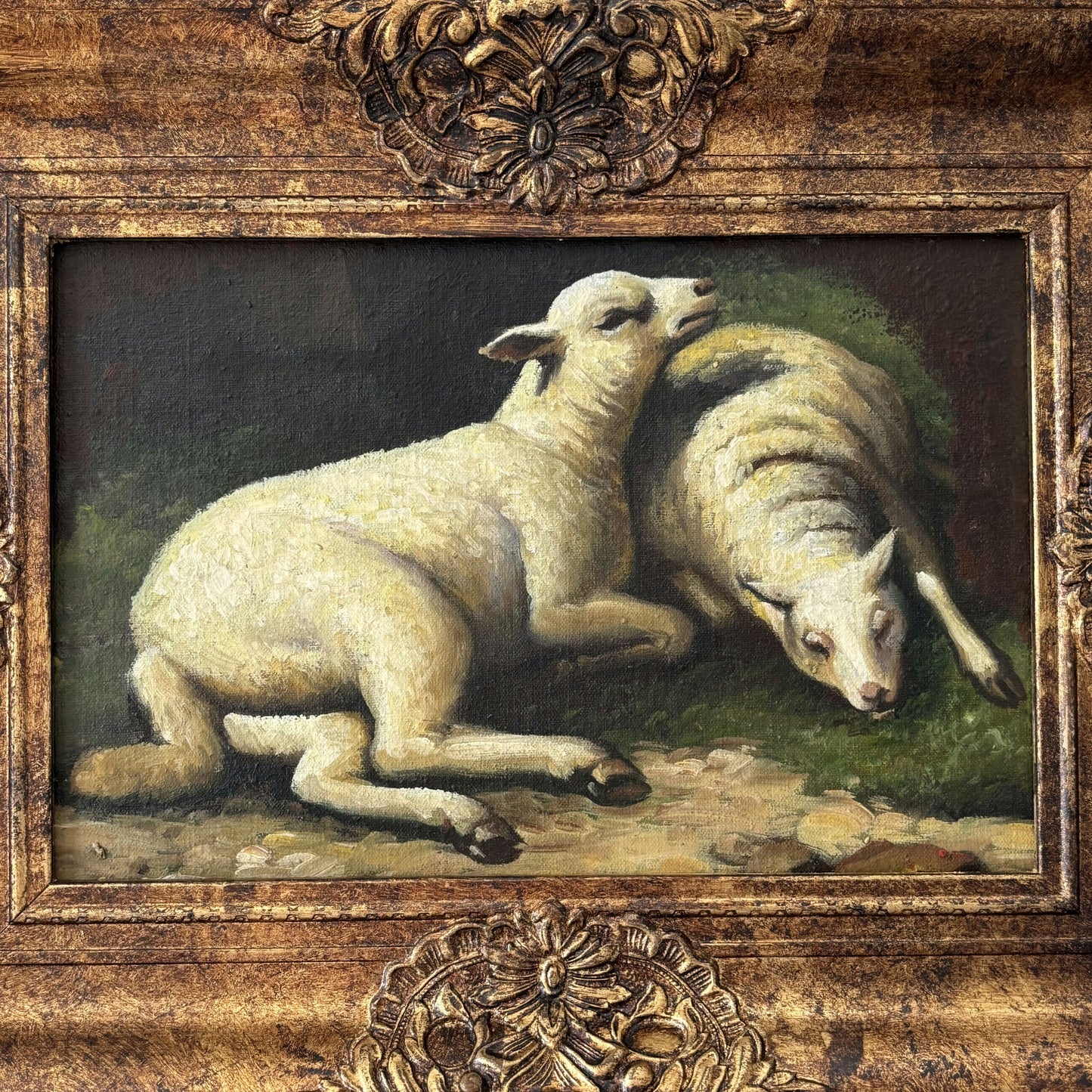 Marvelous Oil Painting Animals "Resting Lambs" Vintage French Artwork