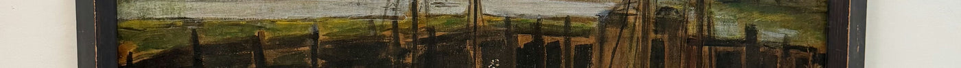 Antique oil painting of sailing boats in a Dutch harbour, in a black frame