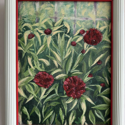 Classic Landscape Oil Painting "Red Flowers" Rustic Small Artwork Holland Art Shop