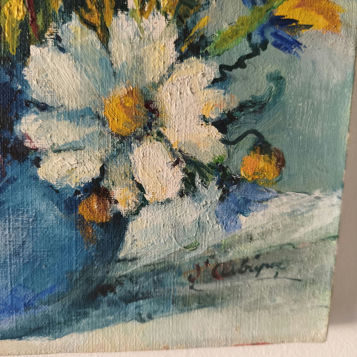 20th Century Blue Vase Red Yellow White Wildflowers Oil Painting Vintage