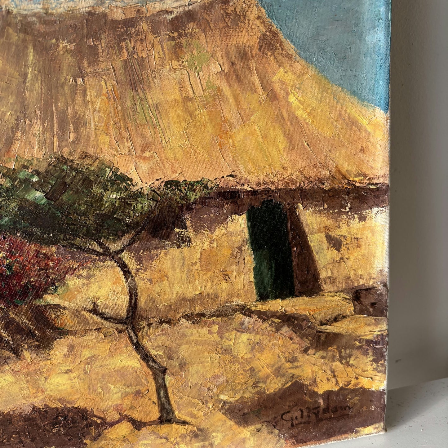 Remarkable Landscape Oil Painting "Thatched Roof" Authentic Medium Art