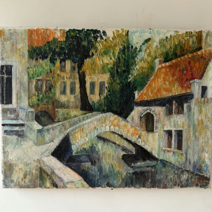 Timeless Cityscape Oil Painting "Stone Bridge" Rustic Small Artwork Holland Art Shop