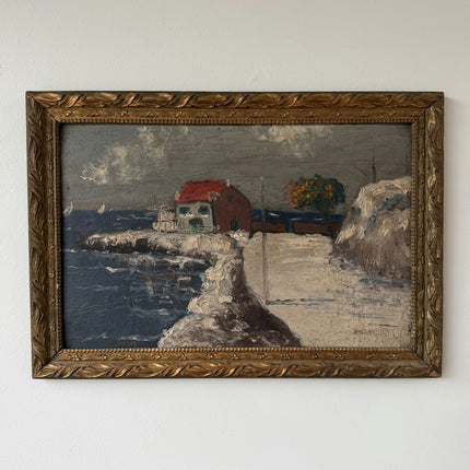 Vintage Harbor Scene Oil Painting "Red Roofed House" Handcrafted Artwork Holland Art Shop