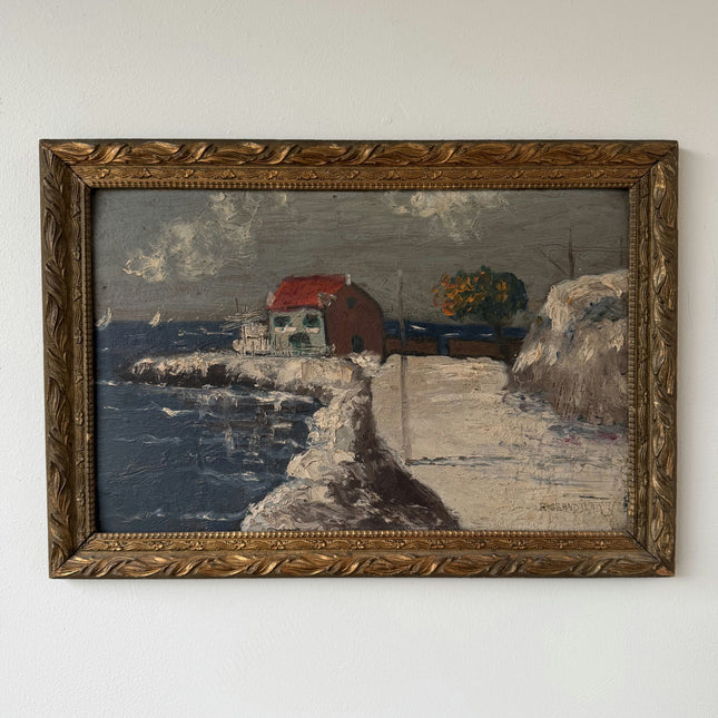 Vintage Harbor Scene Oil Painting "Red Roofed House" Handcrafted Artwork Holland Art Shop