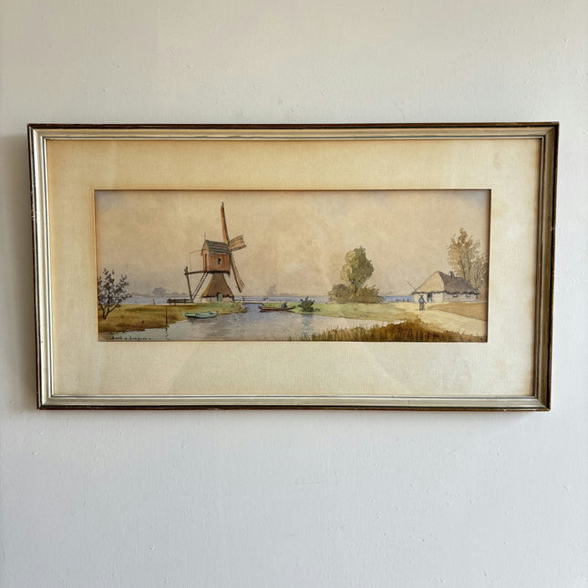 Vintage Landscape Aquarel "Windmill Scene" Original Artwork Holland Art Shop