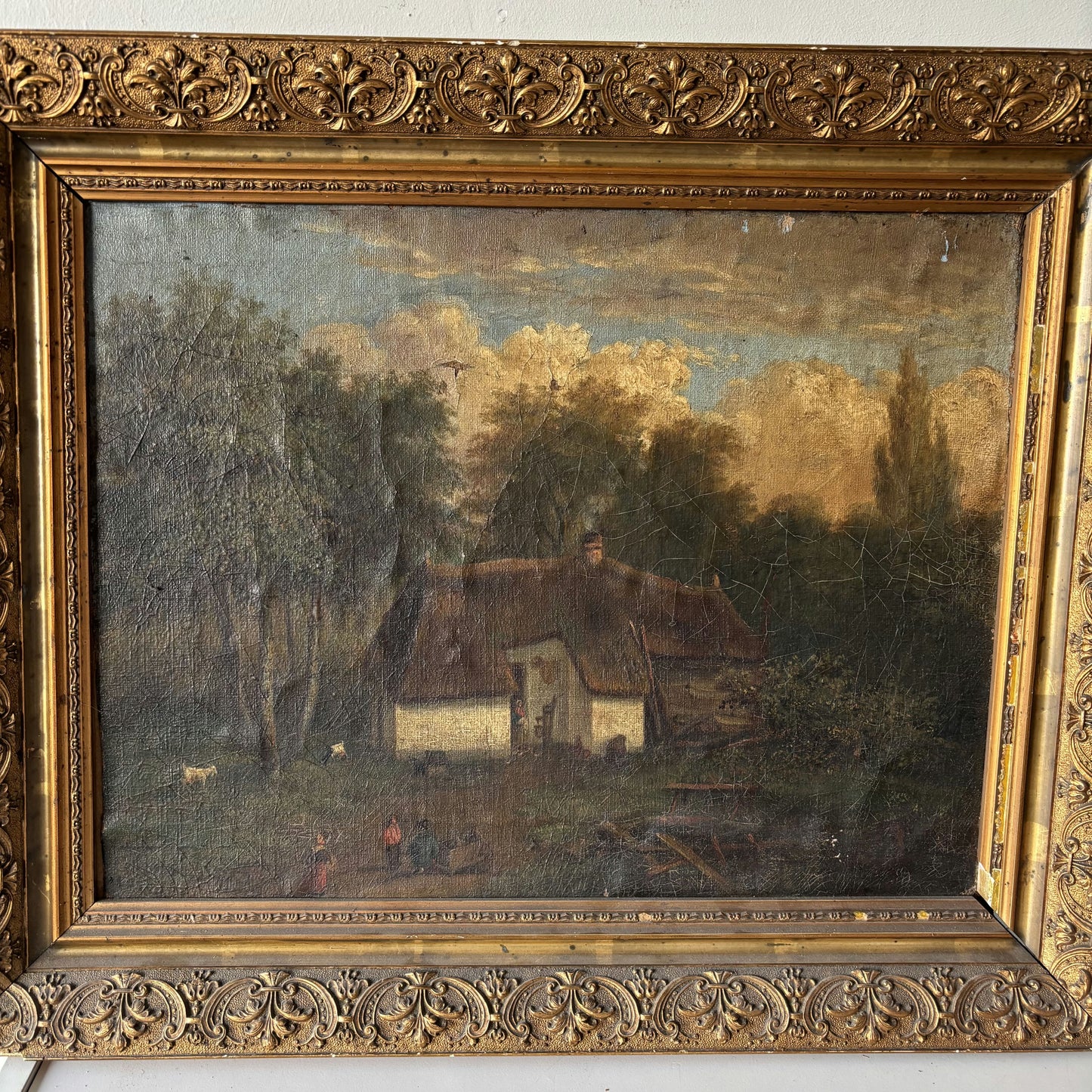Antique Oil Painting Landscape "Farmhouse Scene" Original Medium Art