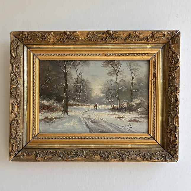 19th Century Antique Winter Landscape Oil Painting "Snow Path" Small Art Holland Art Shop