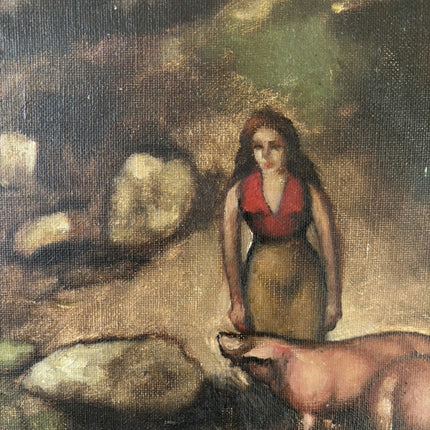 Remarkable Oil Painting Landscape "Girl With Pig" Striking Large Art Holland Art Shop