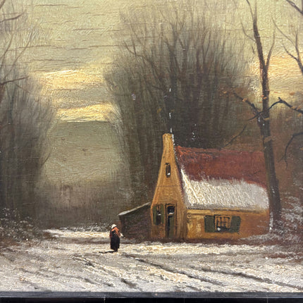 19th Century Antique Winter Landscape Oil Painting "Wooden Frame" Artwork Holland Art Shop