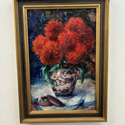 19th Century Antique Floral Still Life Oil Painting "Red Flowers" Art Holland Art Shop
