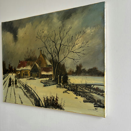 Handcrafted Winter Landscape Oil Painting "Snowy Farmhouse" Original Art Holland Art Shop