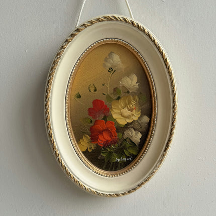 Detailed Floral Still Life Oil Painting "Oval Frame" Vintage Small Artwork Holland Art Shop