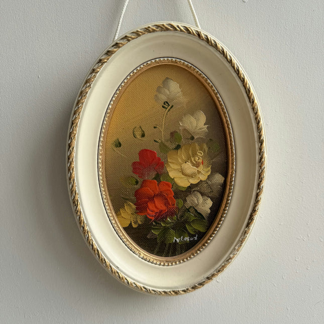 Detailed Floral Still Life Oil Painting "Oval Frame" Vintage Small Artwork Holland Art Shop