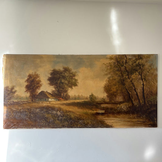 Antique Landscape Oil Painting "Thatched Cottage" Handcrafted Large Art