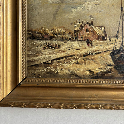 Vintage Harbor Scene Oil Painting "Gold Frame" Rustic Small Art Holland Art Shop