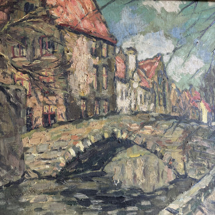 1910 Antique Cityscape Oil Painting "Stone Bridge" Large Artwork Holland Art Shop