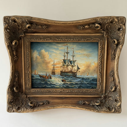 Detailed Harbor Scene Oil Painting "Sailing Ship" Rustic Small Artwork Holland Art Shop