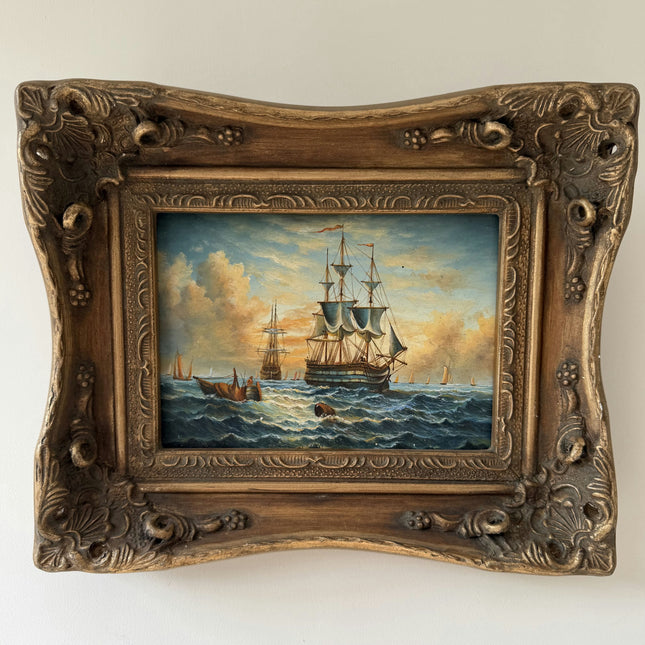 Detailed Harbor Scene Oil Painting "Sailing Ship" Rustic Small Artwork Holland Art Shop