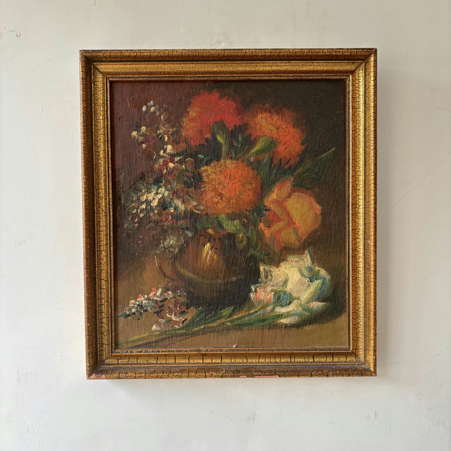Vintage Floral Still Life Oil Painting "Orange Bouquet" Authentic Small Art Holland Art Shop