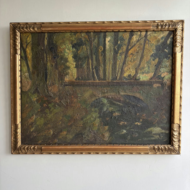 19th Century Antique Landscape Oil Painting "Arched Bridge" Artwork Holland Art Shop