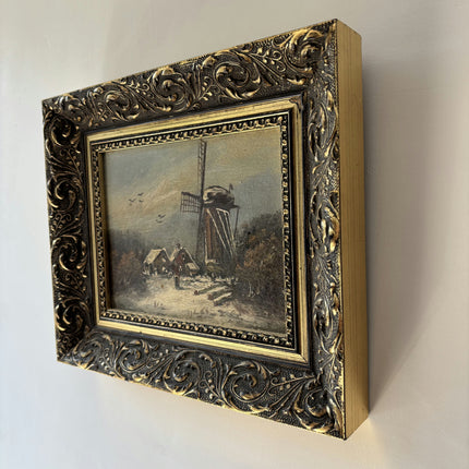 Refined Winter Landscape Oil Painting "Windmill Tower" Authentic Small Artwork Holland Art Shop