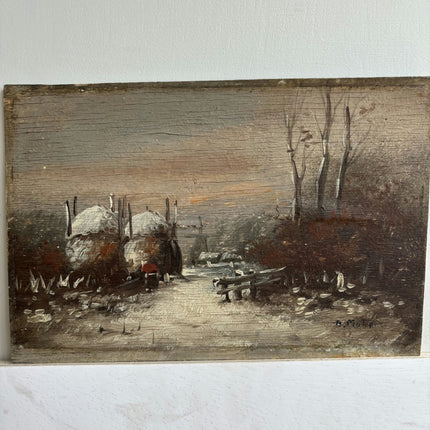19th Century Antique Winter Landscape Oil Painting "Hay Carts" Small Artwork Holland Art Shop