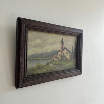 19th Century Antique Landscape Oil Painting "Lakehouse Tower" Small Artwork Holland Art Shop
