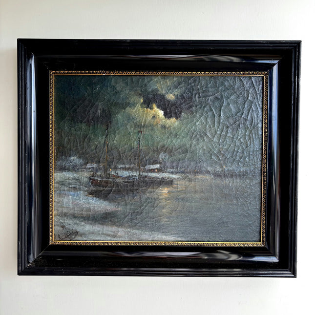 Romain Steppe Elegant Harbor Scene Oil Painting "Sailboat Moon" Rustic Artwork Holland Art Shop