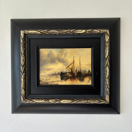 19th Century Antique Harbor Scene Oil Painting "Moored Boat" Small Artwork Holland Art Shop