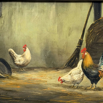 Traditional Animals Oil Painting "Rooster Pair" Authentic Small Artwork Holland Art Shop