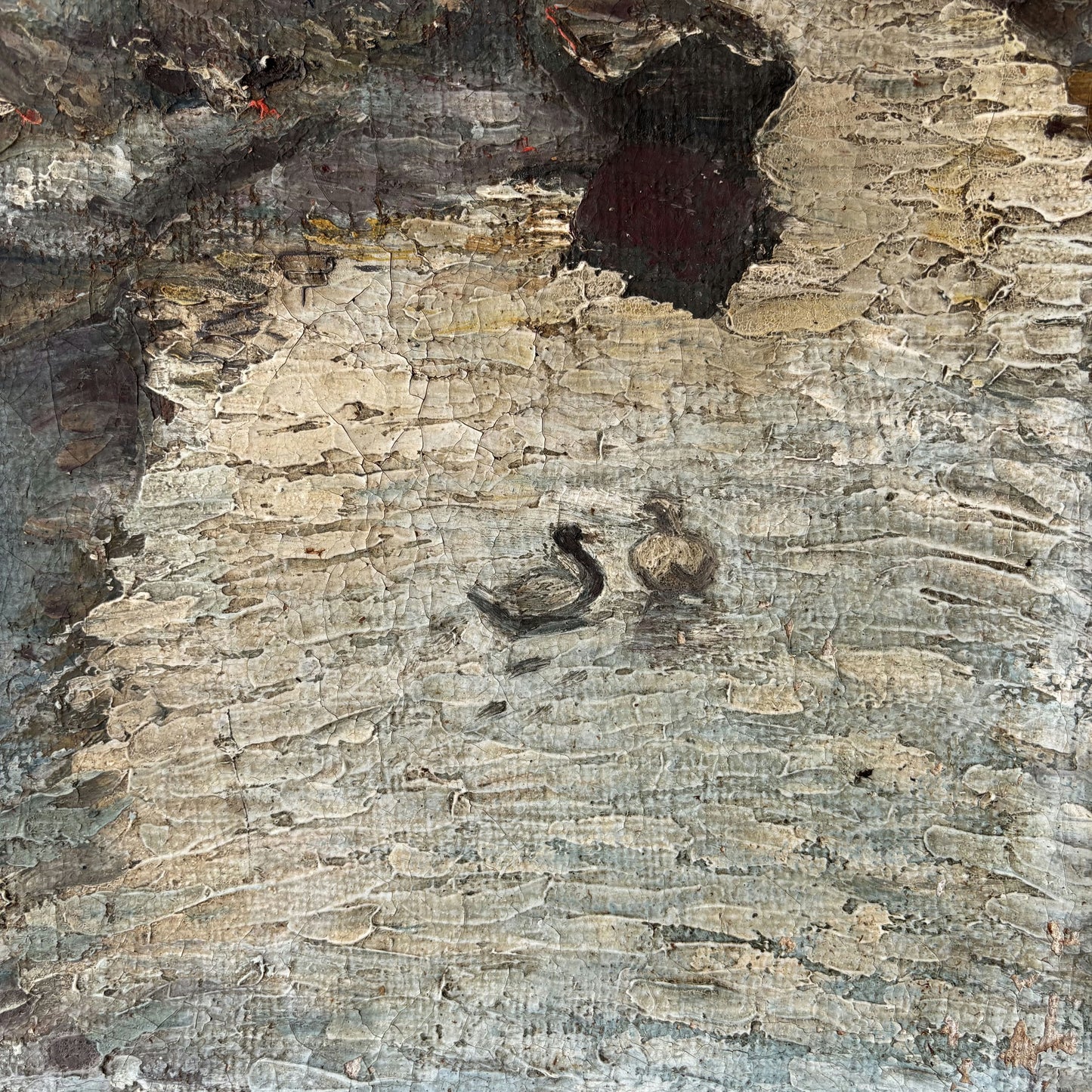 19th Century Landscape Oil Painting "River Cottage" Medium Art