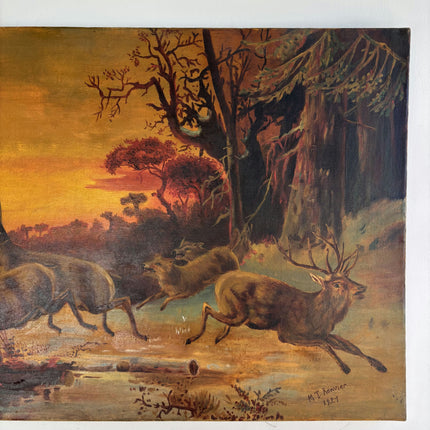 1921 Antique Animals Oil Painting "Running Stags" Art Holland Art Shop