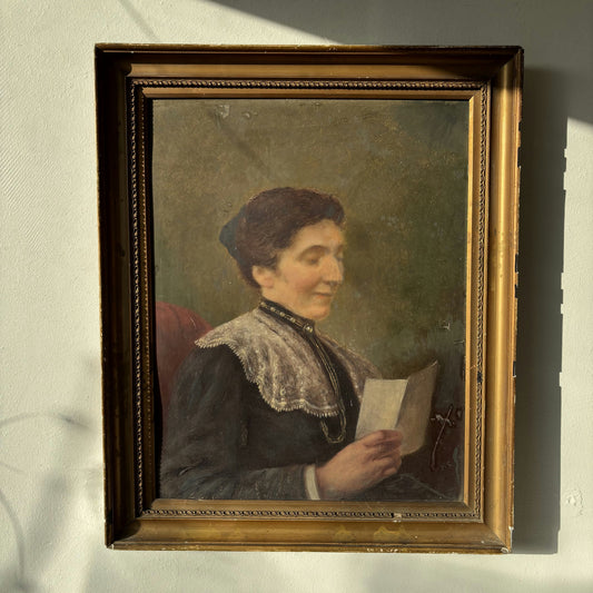 19th Century Portrait Oil Painting "Reading Woman" French Art
