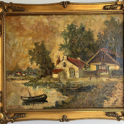 Refined Landscape Oil Painting "Rowboat Alone" Vintage Dutch  Artwork Holland Art Shop