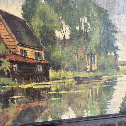 1942 Landscape Oil Painting "Riverside House" Artwork Holland Art Shop