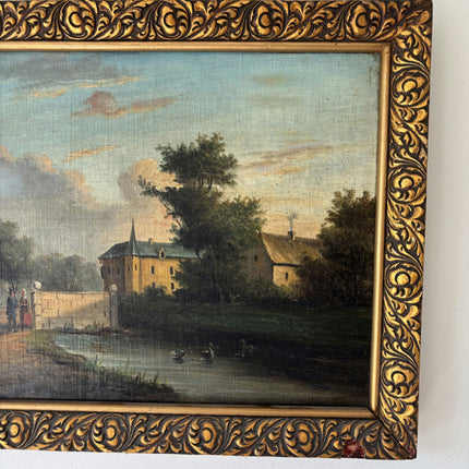 19th Century Antique Figurative Oil Painting "Country House" Belgium Artwork Holland Art Shop