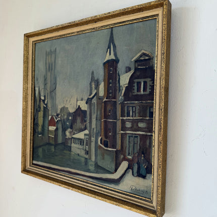 Handcrafted Oil Painting Cityscape "Snowy Street Corner" Remarkable Small Art Holland Art Shop