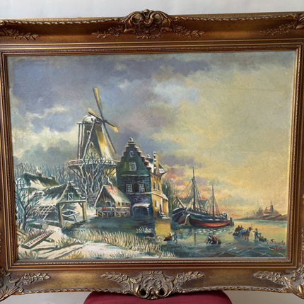 Rustic Winter Landscape Oil Painting "Windmill Tower" Refined Large Art Holland Art Shop
