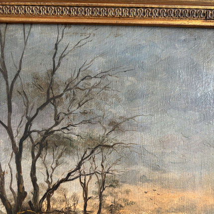 19th Century Antique Landscape Oil Painting "River Boat" Dutch Artwork Holland Art Shop