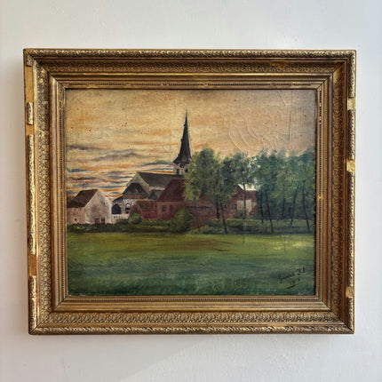 1914 Antique Landscape Oil Painting "Village Church" Art Holland Art Shop