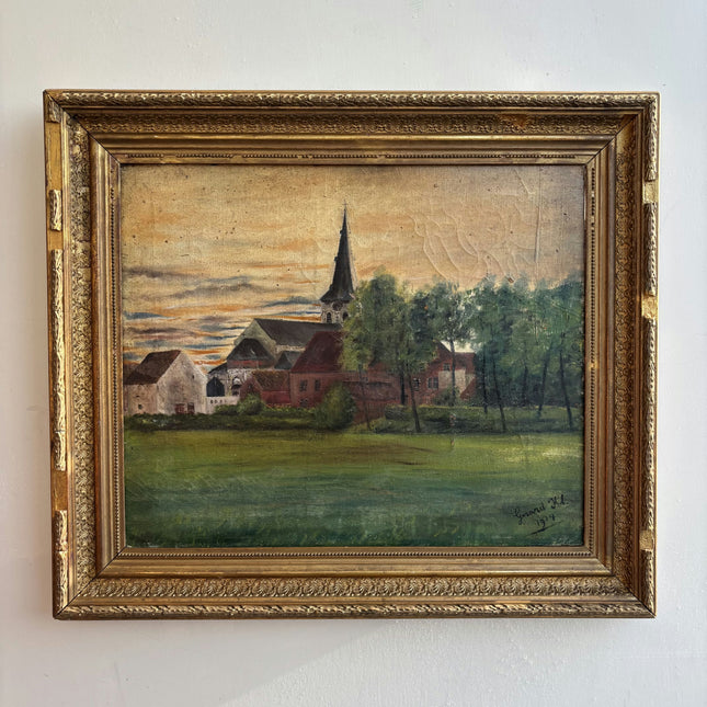 1914 Antique Landscape Oil Painting "Village Church" Art Holland Art Shop