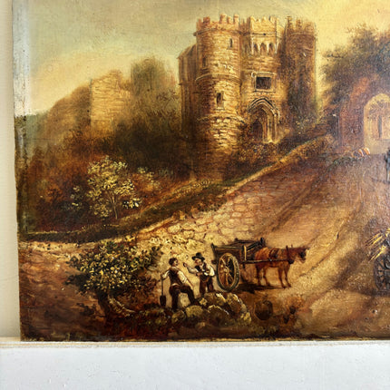 19th Century Antique Landscape Oil Painting "Stone Castle" Small Artwork Holland Art Shop