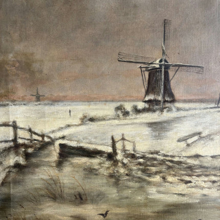 Vintage Landscape Oil Painting "Windmill Pair" Original Dutch Artwork Holland Art Shop