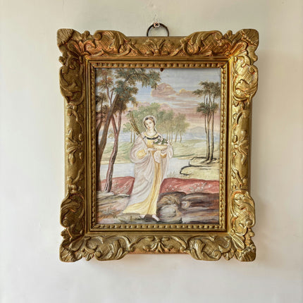 19th Century Antique Portrait Egg Tempera "Woman With Bouquet" Small Art Holland Art Shop
