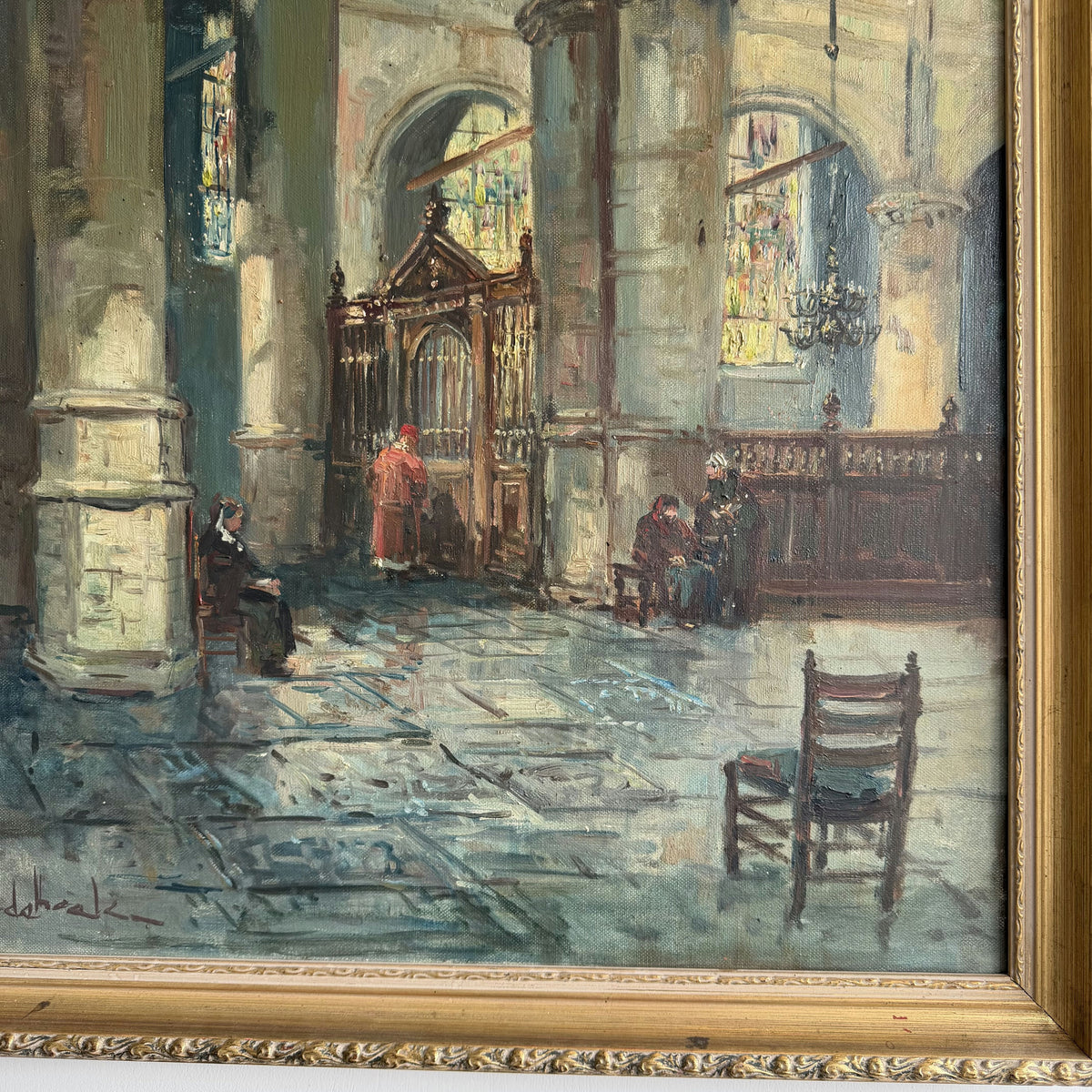 Vintage Church Interior Oil Painting 