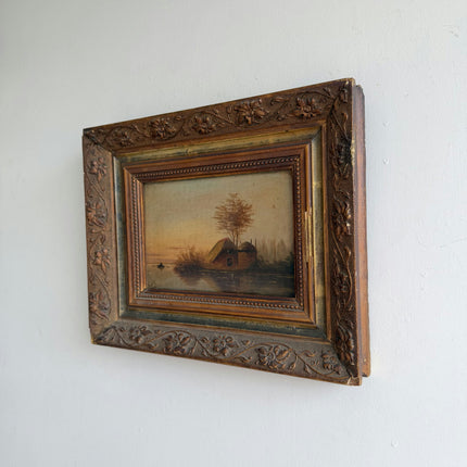 Antique Landscape Oil Painting "Ornate Frame" Rustic Small Artwork Holland Art Shop